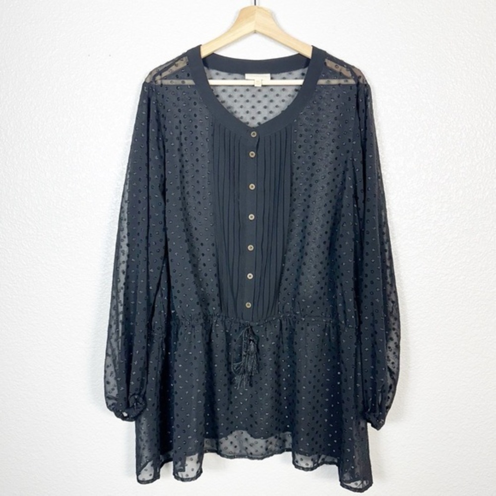 Modcloth Womens Black Swiss Dot Sheer Long‎ Sleeve Peplum Blouse Size 4X